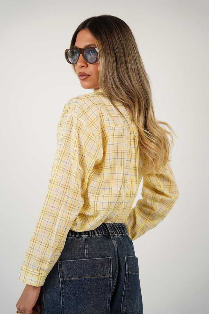 חולצת משבצות מכופתרת לנשים - דגם דילן בצבעים כתום, תכלת וצהוב