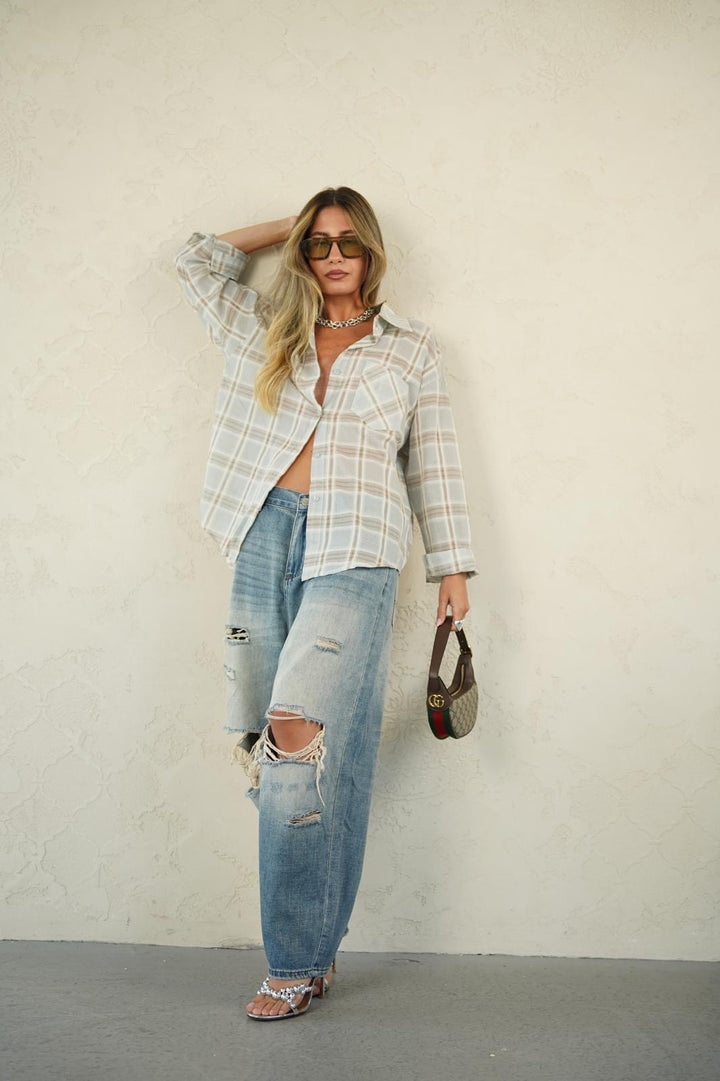 חולצה מכופתרת דמוי משבצות לנשים - דגם דניאל בצבעים צהוב משובץ, ירוק משובץ ותכלת משובץ