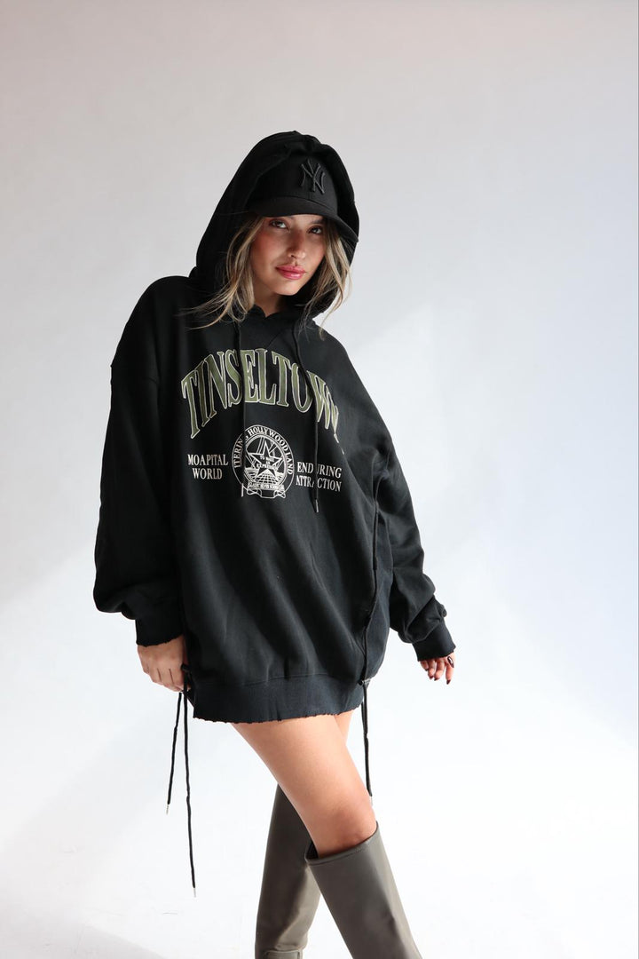 פוטר אוברסייז עם קפוצ׳ון לנשים - דגם רנדי בצבעים שחור וחום