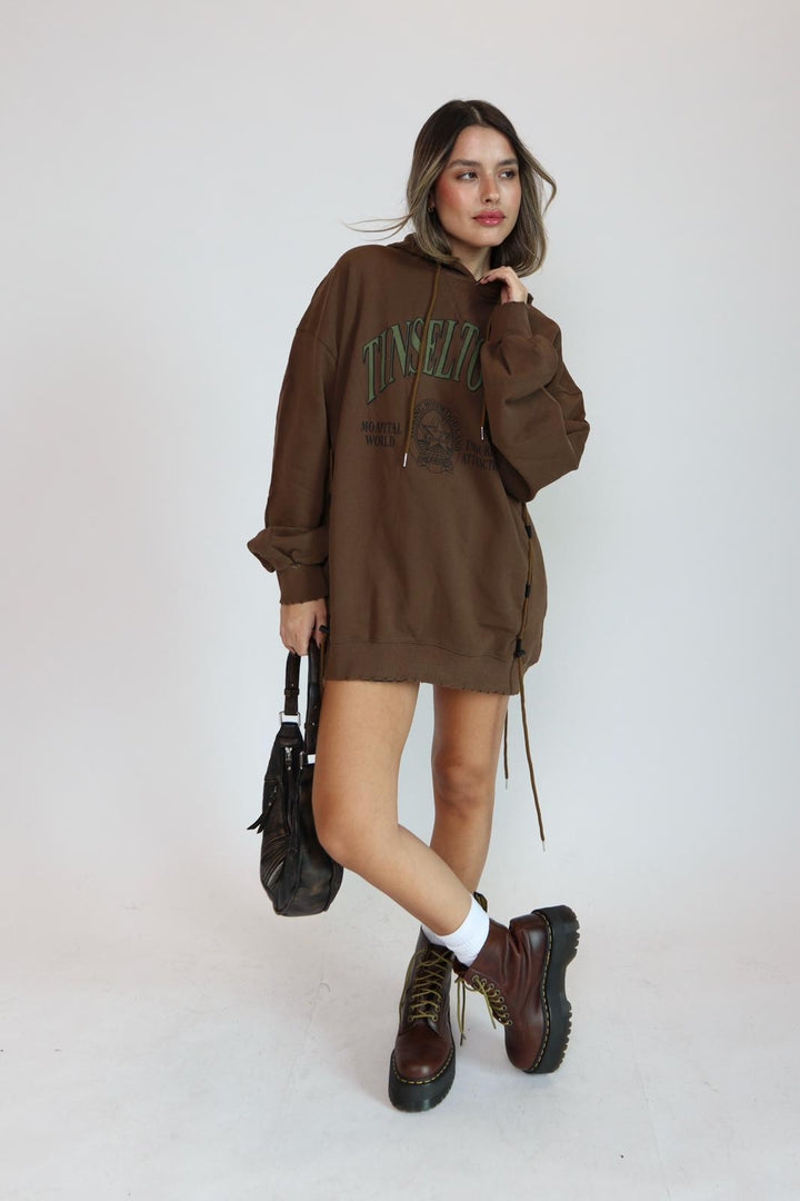 פוטר אוברסייז עם קפוצ׳ון לנשים - דגם רנדי בצבעים שחור וחום