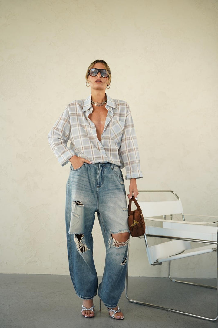 חולצה מכופתרת דמוי משבצות לנשים - דגם דניאל בצבעים צהוב משובץ, ירוק משובץ ותכלת משובץ