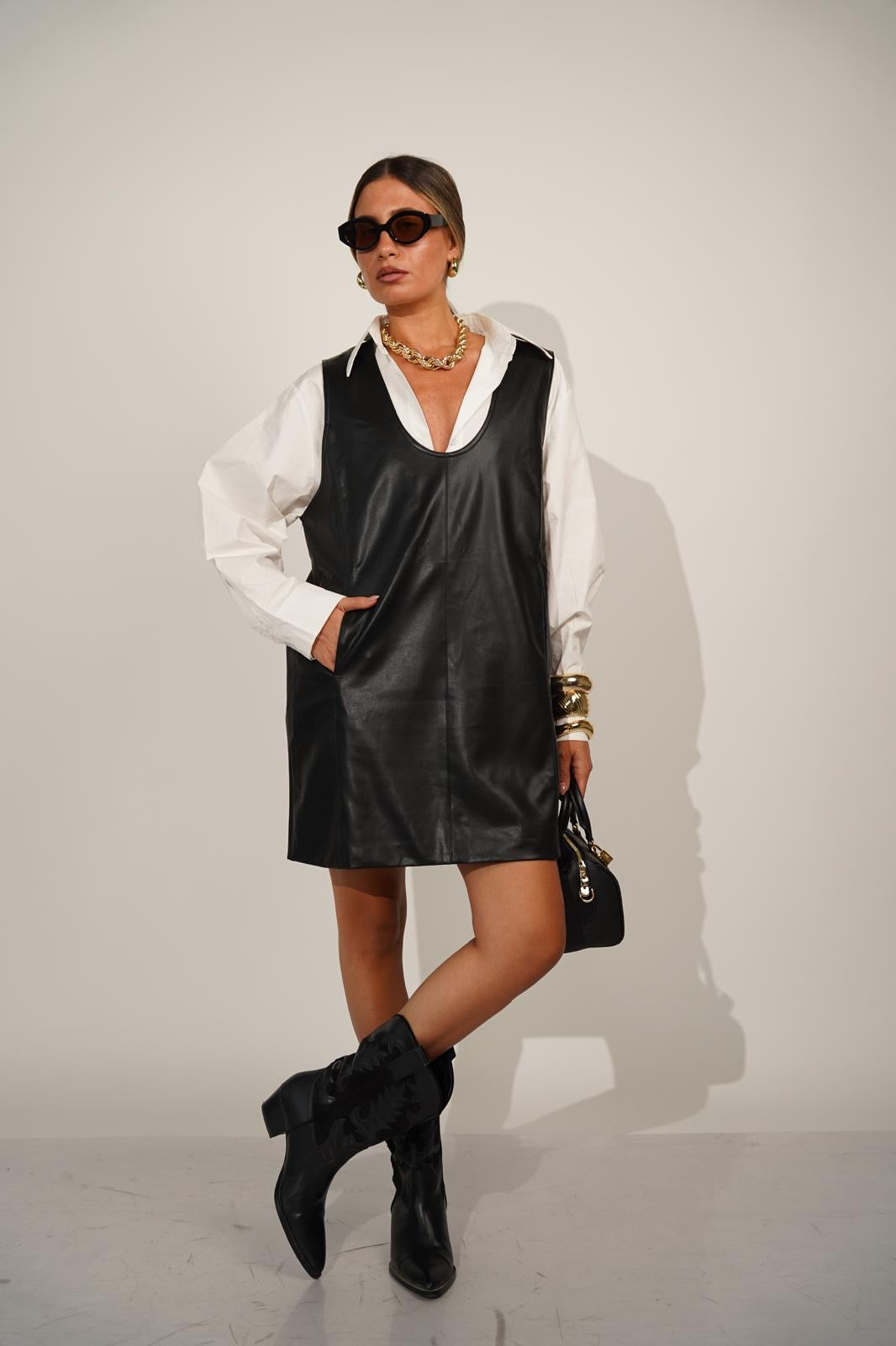 שמלת סרפן מעור לנשים - דגם נואל בצבעים חום ושחור