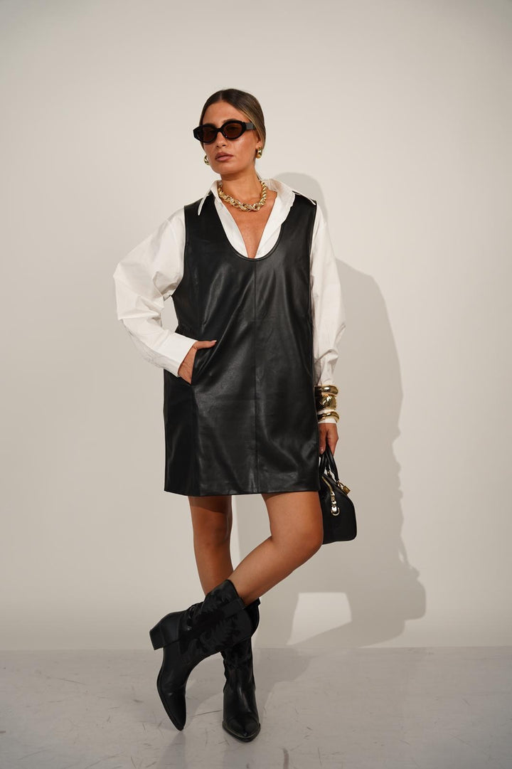 שמלת סרפן מעור לנשים - דגם נואל בצבעים חום ושחור