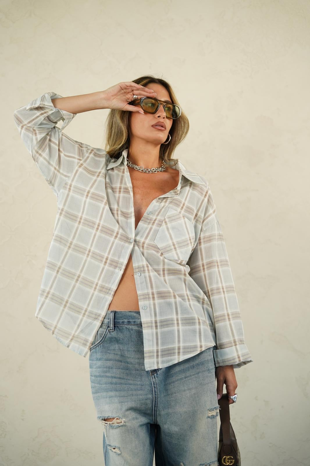 חולצה מכופתרת דמוי משבצות לנשים - דגם דניאל בצבעים צהוב משובץ, ירוק משובץ ותכלת משובץ