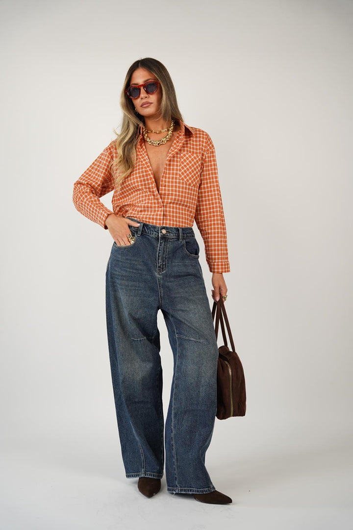 חולצת משבצות מכופתרת לנשים - דגם דילן בצבעים כתום, תכלת וצהוב