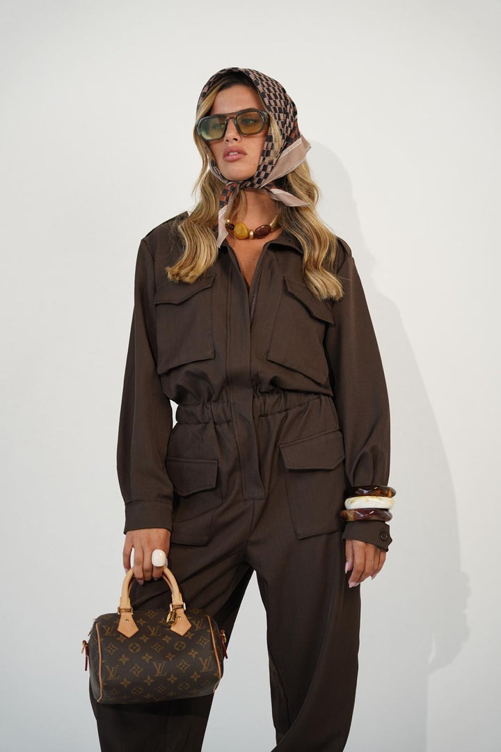 אוברול ארוך עם כיסים לנשים - דגם סקאי בצבע בז׳, קרם וחום