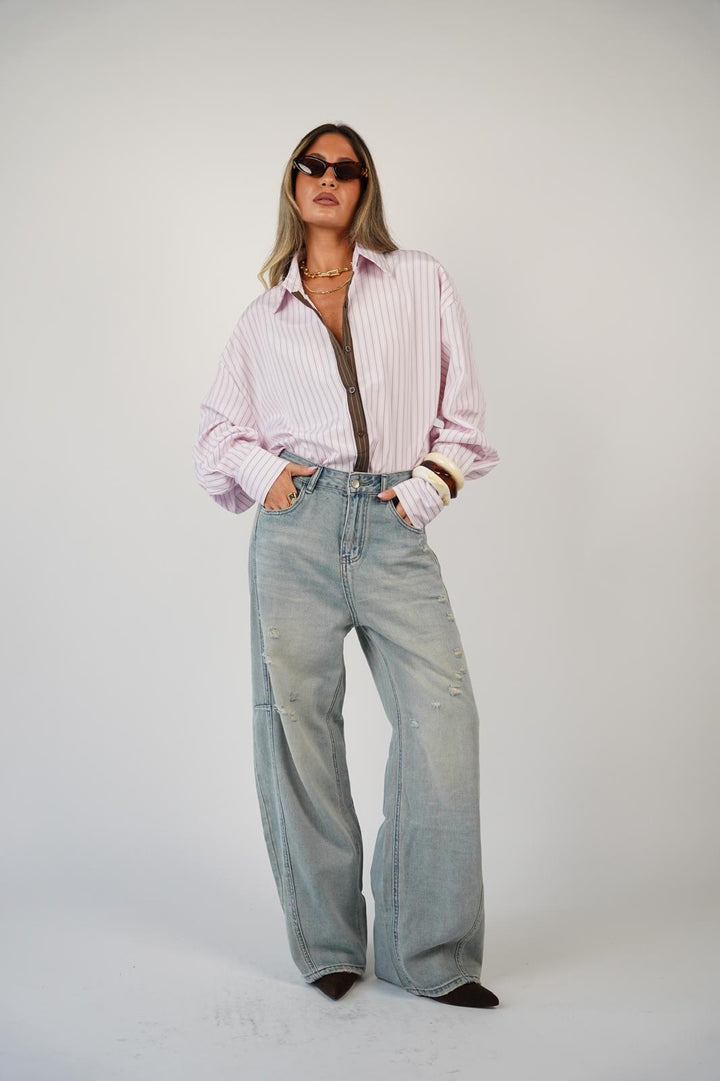 חולצת פסים מכופתרת לנשים - דגם בלו בצבעים ורוד ותכלת