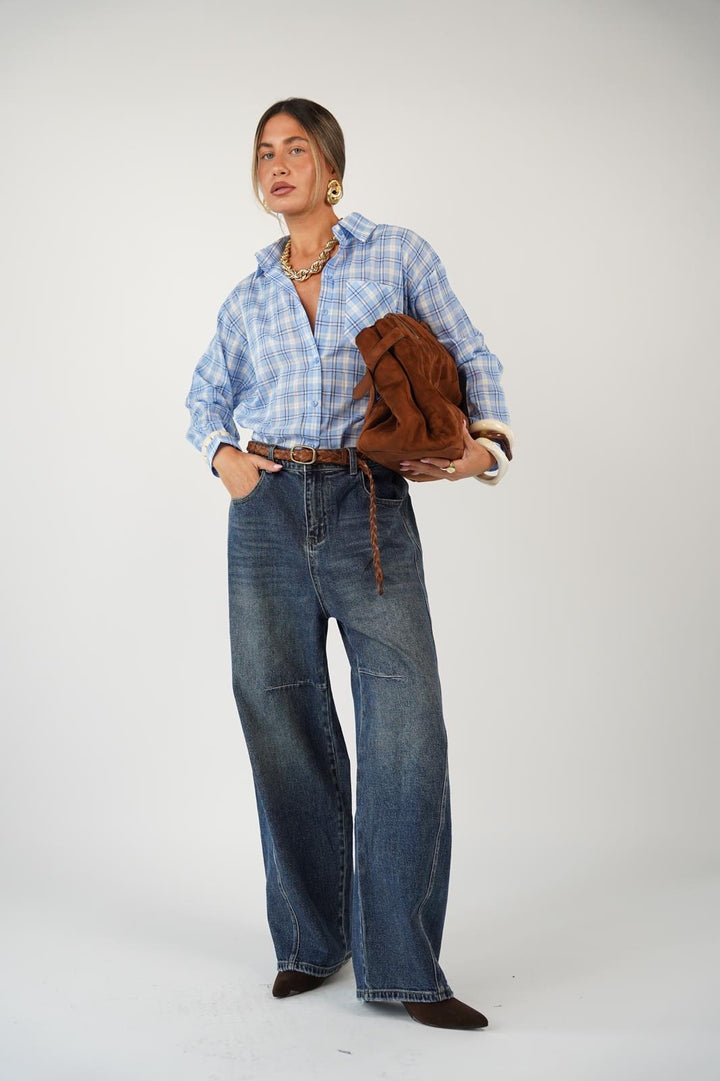 חולצת משבצות מכופתרת לנשים - דגם דילן בצבעים כתום, תכלת וצהוב