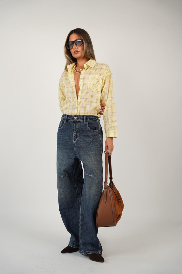 חולצת משבצות מכופתרת לנשים - דגם דילן בצבעים כתום, תכלת וצהוב