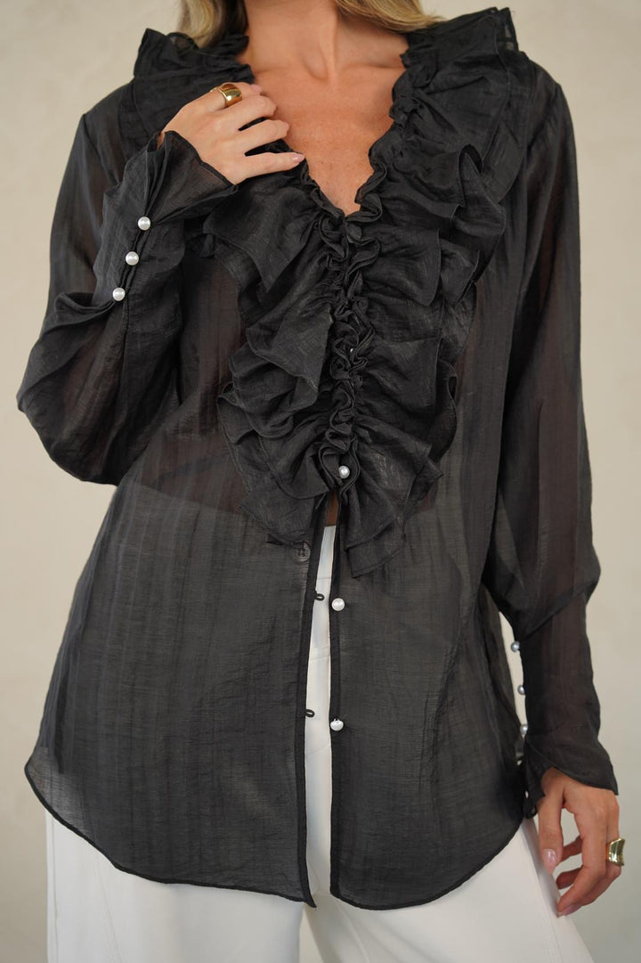 חולצה מכופתרת בגזרת אוברסייז לנשים - דגם דורין בצבעים שחור, לבן וצהוב