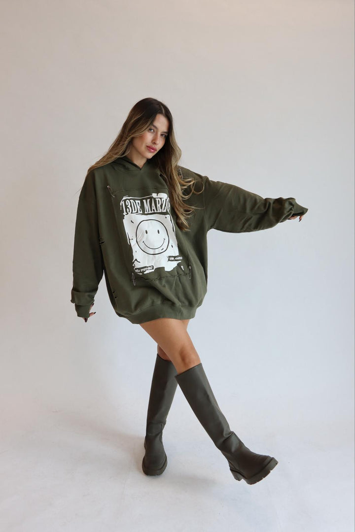 פוטר בגזרה רחבה עם הדפס לנשים - דגם רוס בצבעים שחור, אפור וירוק