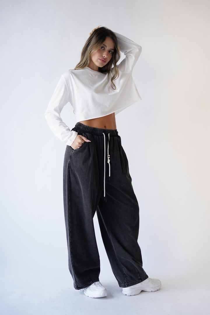 מכנס פוטר ברודי – One Size שחור ווש, סטייל נוח ונשפך | RFA Fashion