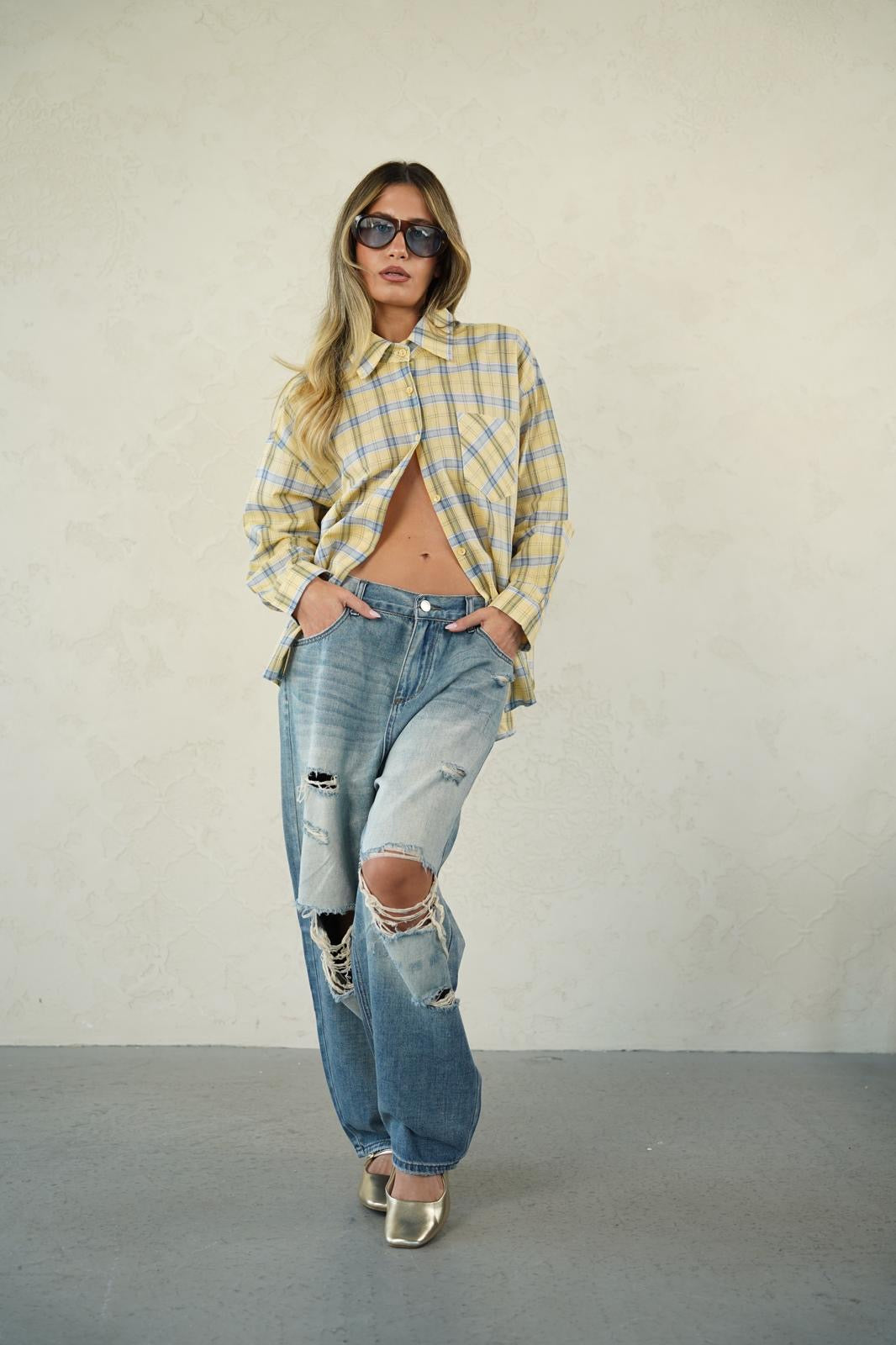 חולצה מכופתרת דמוי משבצות לנשים - דגם דניאל בצבעים צהוב משובץ, ירוק משובץ ותכלת משובץ