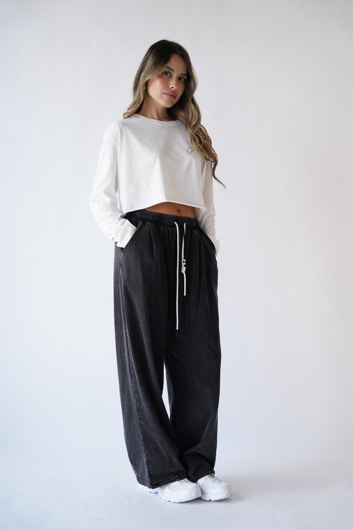 מכנס פוטר ברודי – One Size שחור ווש, סטייל נוח ונשפך | RFA Fashion